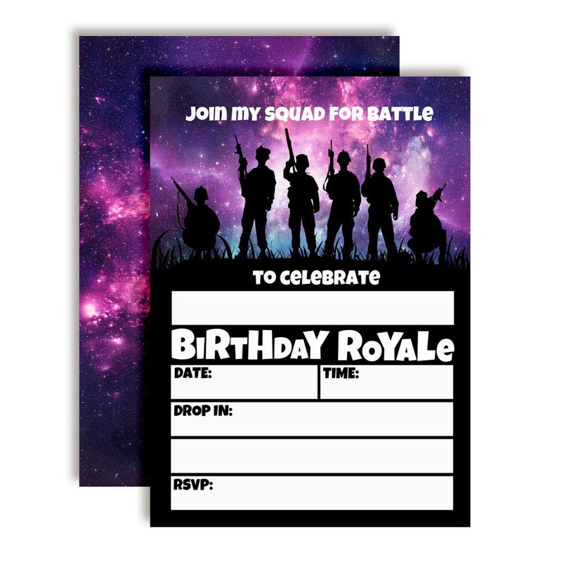 Amanda Creation Galaxy Fort Battle Video Gaming 20 Birthday Party Invitations 5x7 Fill-In Cards with Envelopes, Kids Gamer Party Supplies, Fun Squad Design Birthday Invitations, Made in USA by Amanda Creation - Image 1